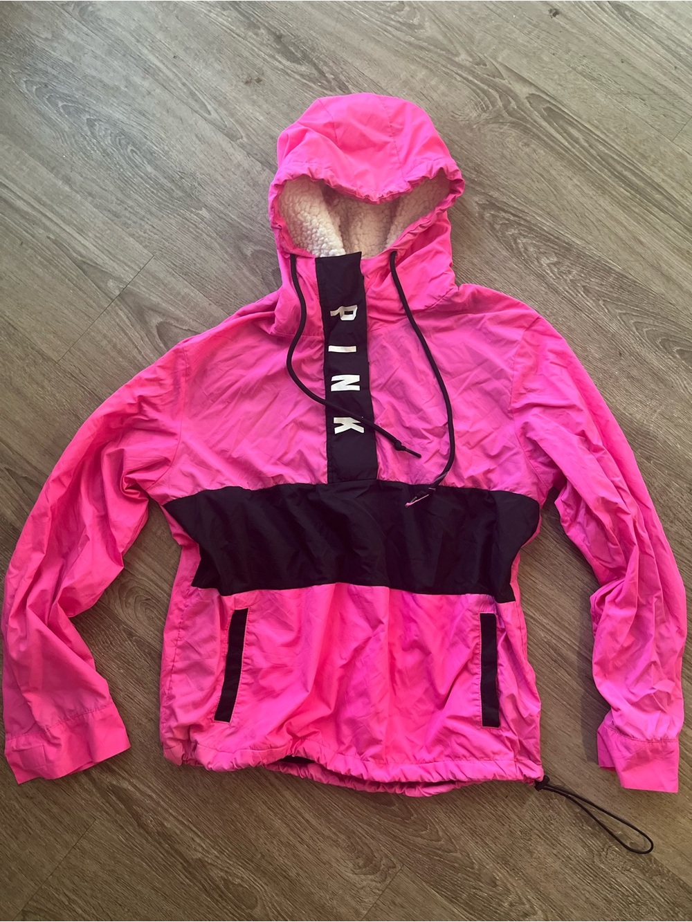PINK Victorias Secret Sherpa Lined Anorak Jacket Womens XS Neon Pink 1/4 Zip